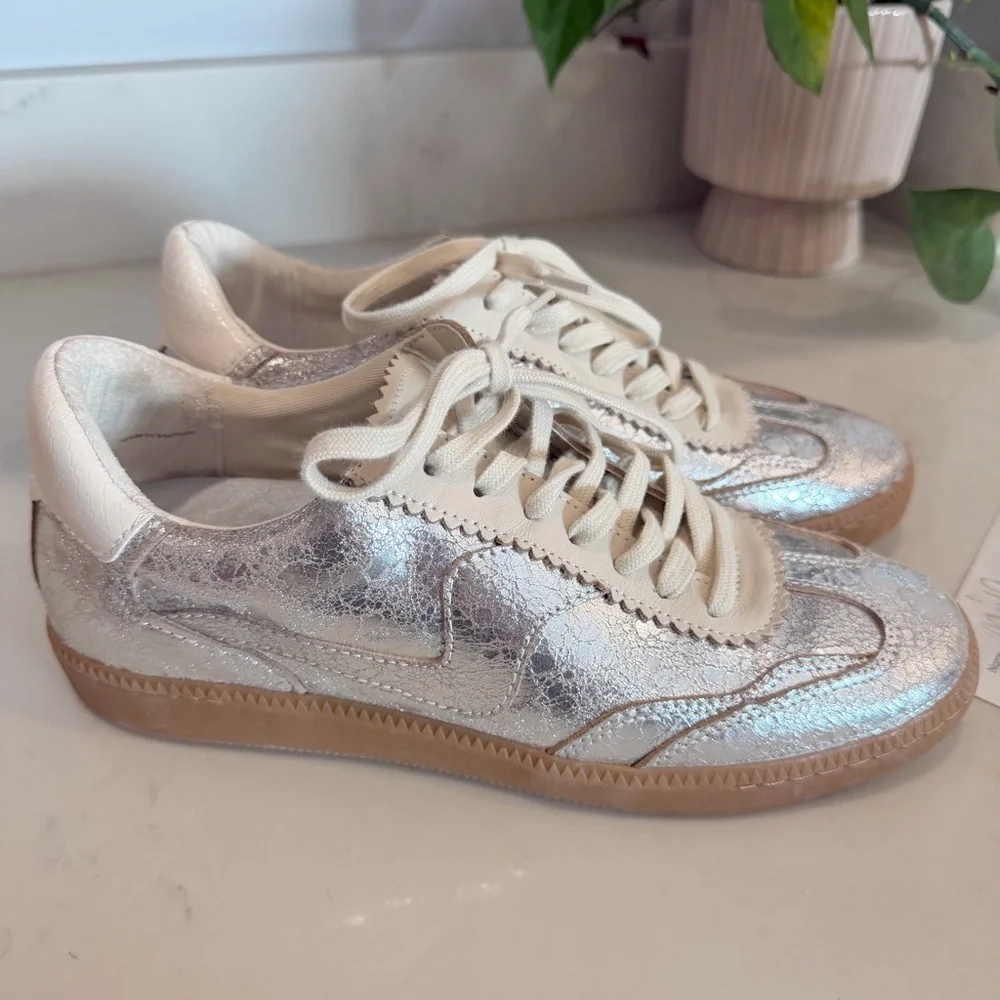 Dolce Vita Metallic Silver and Cream Low-Top Sneakers